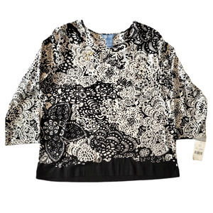 Koret Black Floral Knit Top 100% Cotton Shell & Sequin Detail Sz L LS NEW